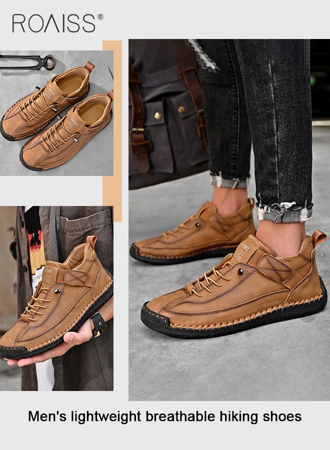 roaiss Casual Leather Loafers for Men Stylish Versatile Retro Slip-On Soft Bottom Wear Resistant Flat Shoes for Driving Comfy and Breathable Ankle Boots with Stitch Decor for Outdoor Hiking  - Image 3