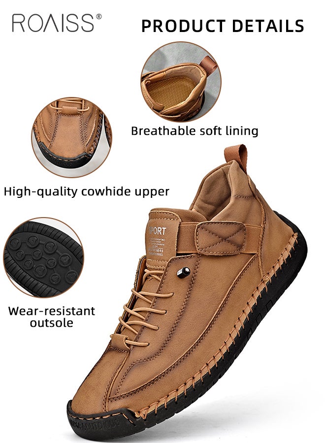 roaiss Casual Leather Loafers for Men Stylish Versatile Retro Slip-On Soft Bottom Wear Resistant Flat Shoes for Driving Comfy and Breathable Ankle Boots with Stitch Decor for Outdoor Hiking  - Image 5