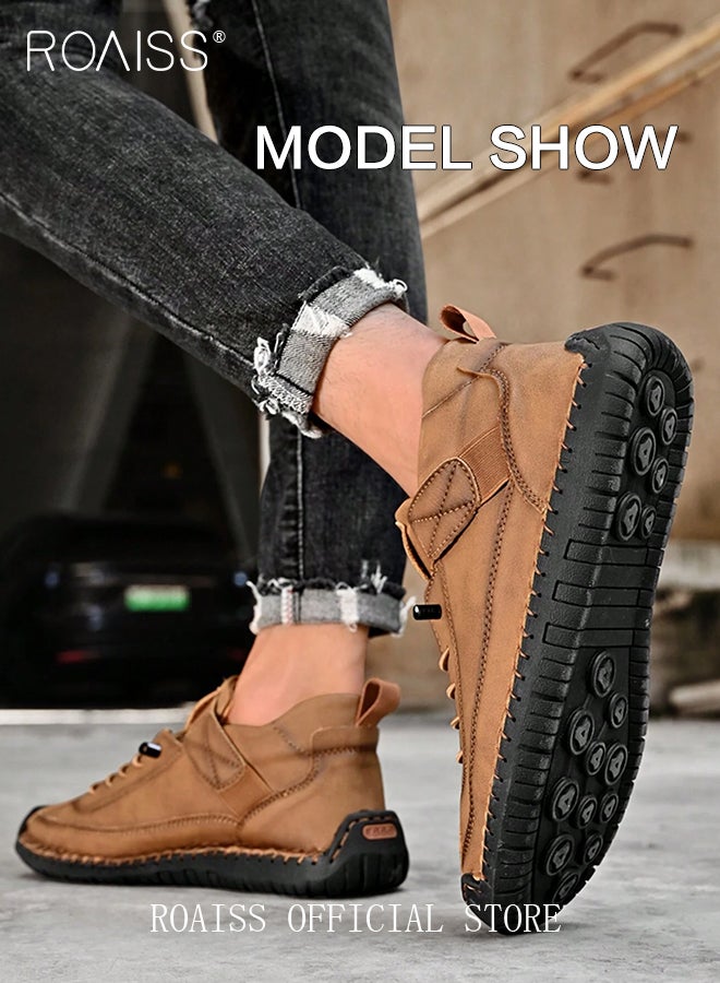 roaiss Casual Leather Loafers for Men Stylish Versatile Retro Slip-On Soft Bottom Wear Resistant Flat Shoes for Driving Comfy and Breathable Ankle Boots with Stitch Decor for Outdoor Hiking  - Image 2