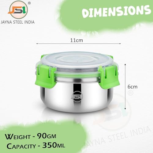 JSI Stainless Steel Airtight Lid Container with 4 Side Clip Lock (Set of 4 Pcs, 350 ML Each, Green) Round Steel Storage Container/Tiffin Box/Lunch Box for Office Home Kitchen - Leak Proof & BPA Free - Image 4