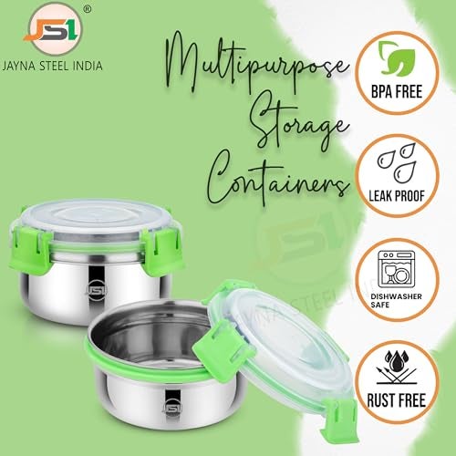 JSI Stainless Steel Airtight Lid Container with 4 Side Clip Lock (Set of 4 Pcs, 350 ML Each, Green) Round Steel Storage Container/Tiffin Box/Lunch Box for Office Home Kitchen - Leak Proof & BPA Free - Image 5