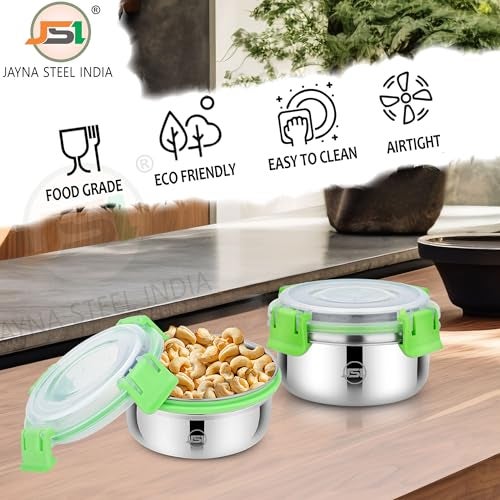JSI Stainless Steel Airtight Lid Container with 4 Side Clip Lock (Set of 4 Pcs, 350 ML Each, Green) Round Steel Storage Container/Tiffin Box/Lunch Box for Office Home Kitchen - Leak Proof & BPA Free - Image 2