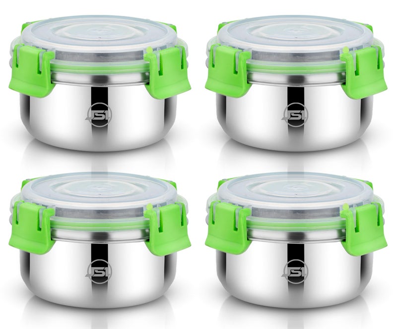 JSI Stainless Steel Airtight Lid Container with 4 Side Clip Lock (Set of 4 Pcs, 350 ML Each, Green) Round Steel Storage Container/Tiffin Box/Lunch Box for Office Home Kitchen - Leak Proof & BPA Free - Image 1