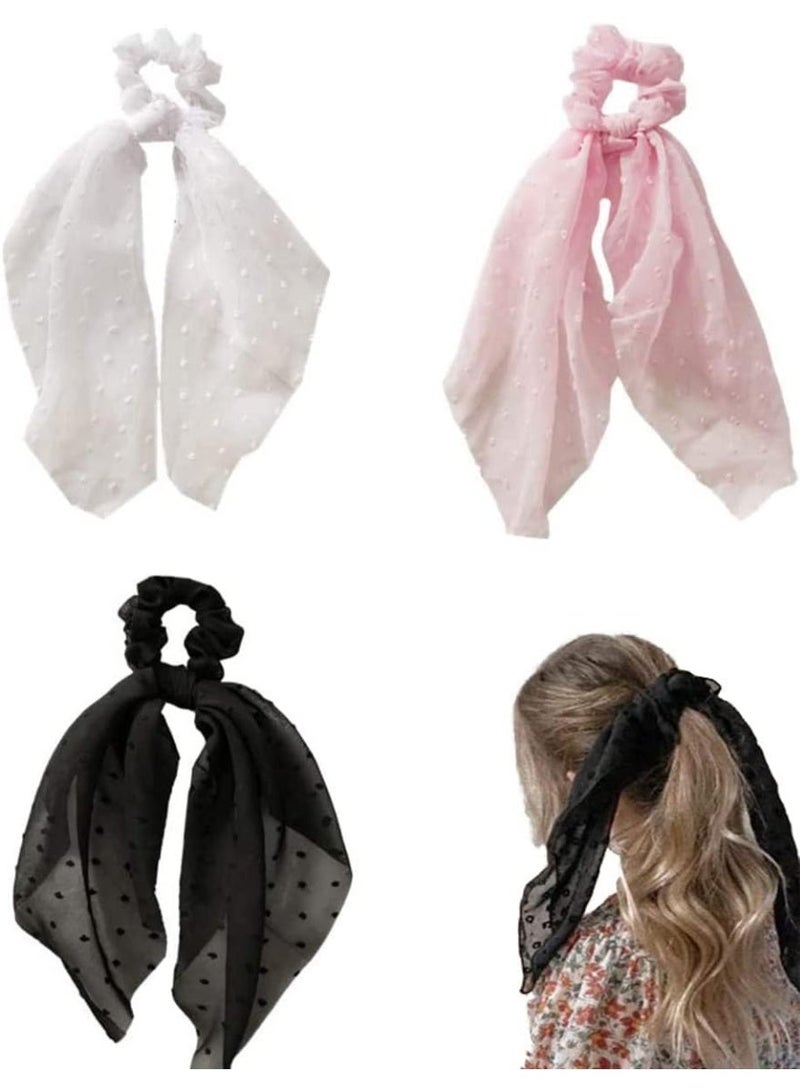 3 Pcs Scarf Scrunchies for Women Girls, Elegant Bow Elastics with Long Tails, Satin Ribbon Ponytail Holders, Soft Elastic Hair Bands for Thick Thin, Fashion Hair Ties for Daily and Gifts - Image 1
