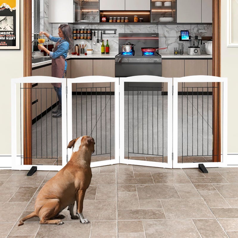 ZJSF Freestanding Dog Fence Indoor, Foldable Dog Gate for Doorways, Stairs or Hallways, Sturdy Wood Extra Wide Pet Gate with Support Feet for The House, White, 32 "Height-4 Panels - Image 2