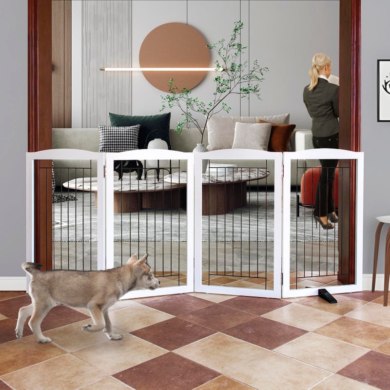 ZJSF Freestanding Dog Fence Indoor, Foldable Dog Gate for Doorways, Stairs or Hallways, Sturdy Wood Extra Wide Pet Gate with Support Feet for The House, White, 32 "Height-4 Panels - Image 1