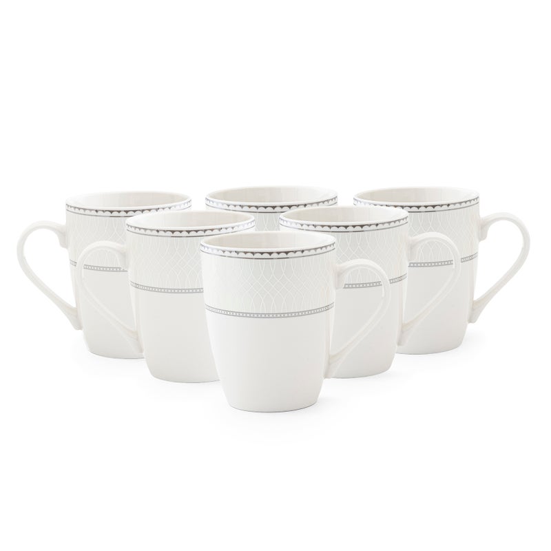 Shallow JUNA New Bone China Mug 355 ml -  6 piece Set  Elegant White Coffee & Tea Mug with Subtle Texture for Daily Use, Brunch, Coffee Station, Ramadan, Eid, Diwali & Gifting (Set of 6) - Image 1