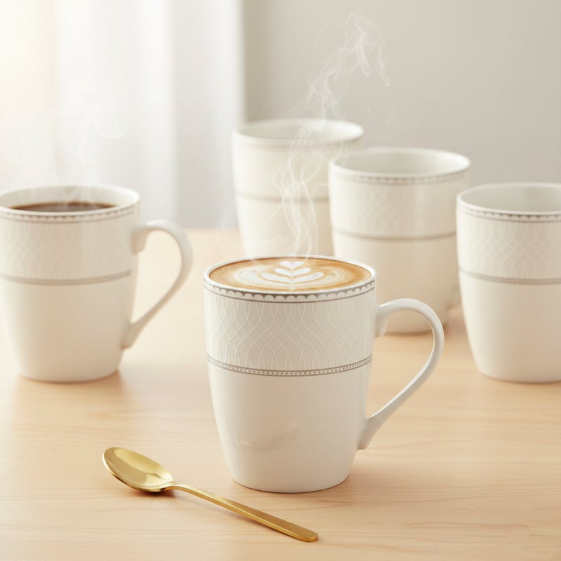 Shallow JUNA New Bone China Mug 355 ml -  6 piece Set  Elegant White Coffee & Tea Mug with Subtle Texture for Daily Use, Brunch, Coffee Station, Ramadan, Eid, Diwali & Gifting (Set of 6) - Image 2