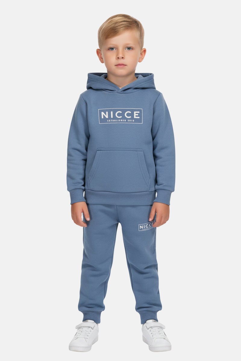 Nicce طقم هودي وسروال رياضي للأطفال الأولاد 2 قطعة بشعار العلامة التجارية، أزرق رمادي - Image 1