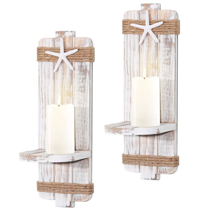 DISDRESSED STARFISH WALL CANDLE SCONCES SET OF 2 BEACH DECOR OCEAN THEMED WALLMOUNT CANDLEHOLDERS NAUTICAL STYLE BEACH BATHROOM DECOR COASTAL FARMHOUSE SEASHELL CANDLE HOLDERS