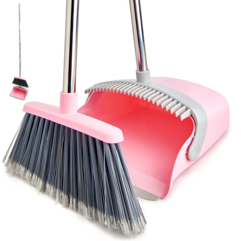 XXFLOWER Broom and Dustpan Set, Dustpans with Broom Combo for Home, Heavy Dust Broom and Dustpan Combo, Long Handle Dust Pan and Broom Set for Kitchen, Office, Pet Hair(Gray Pink) - Image 1