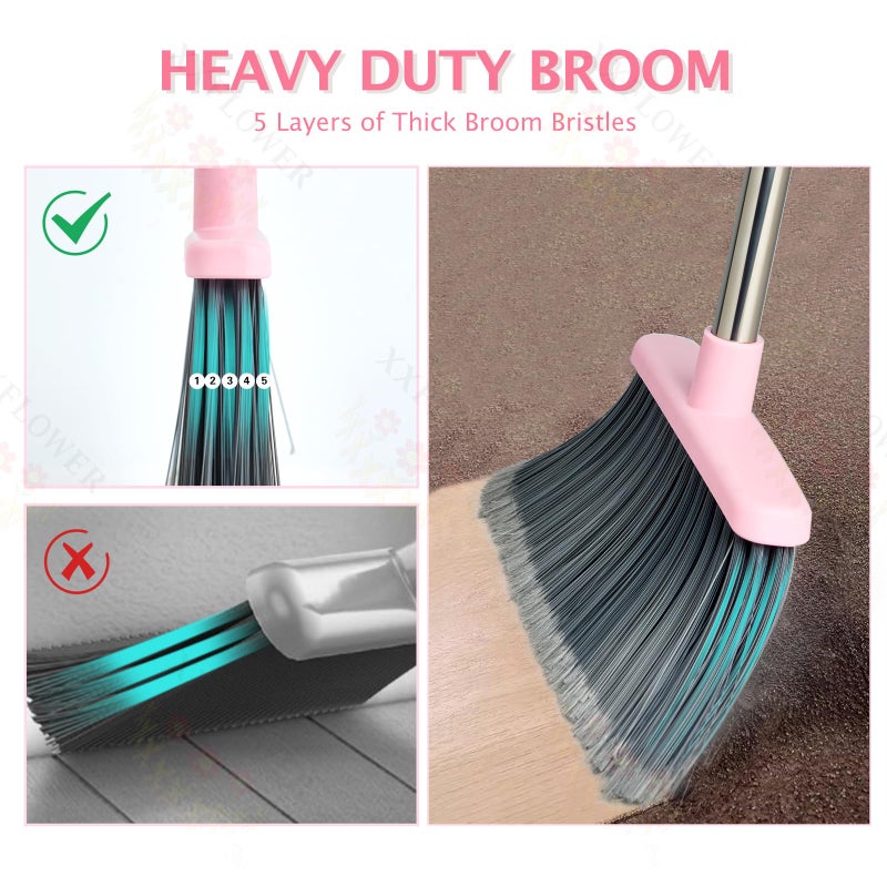 XXFLOWER Broom and Dustpan Set, Dustpans with Broom Combo for Home, Heavy Dust Broom and Dustpan Combo, Long Handle Dust Pan and Broom Set for Kitchen, Office, Pet Hair(Gray Pink) - Image 3