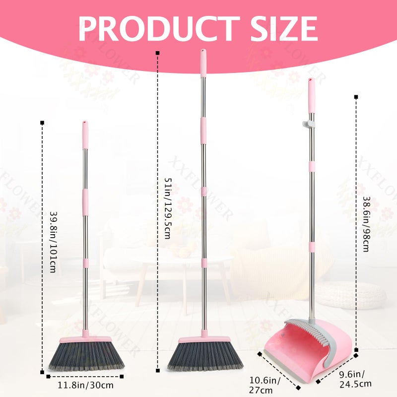 XXFLOWER Broom and Dustpan Set, Dustpans with Broom Combo for Home, Heavy Dust Broom and Dustpan Combo, Long Handle Dust Pan and Broom Set for Kitchen, Office, Pet Hair(Gray Pink) - Image 2