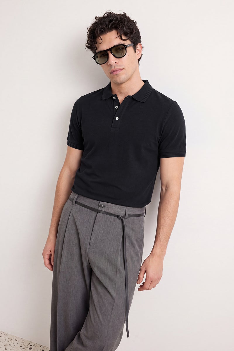 trendyol Black Slim/Slim Cut Polo Neck Short Sleeve % Cotton Polo Neck T-shirt - Image 1