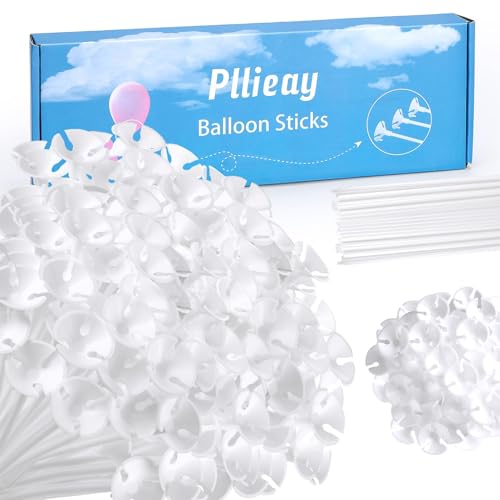 Pllieay 300 Pieces 16 Inch White Plastic Balloon Sticks Holders with Balloon Cups Reusable Balloon Stand Balloon Sticks for Centerpieces Wedding Birthday Party Anniversary Decoration - Image 1