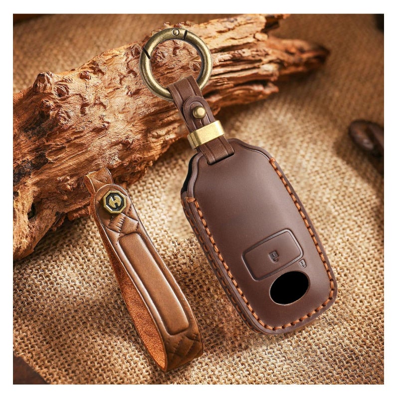 Ysbxitu HandSewn Leather Smart Key Fob Cover 2 Buttons Compatible with Daihatsu Rocky Tanto Toyota Raize Yaris Ativ Perodua Veloz Avanza Rush Key Controller Protective Cover Keychain Clip Brown - Image 2