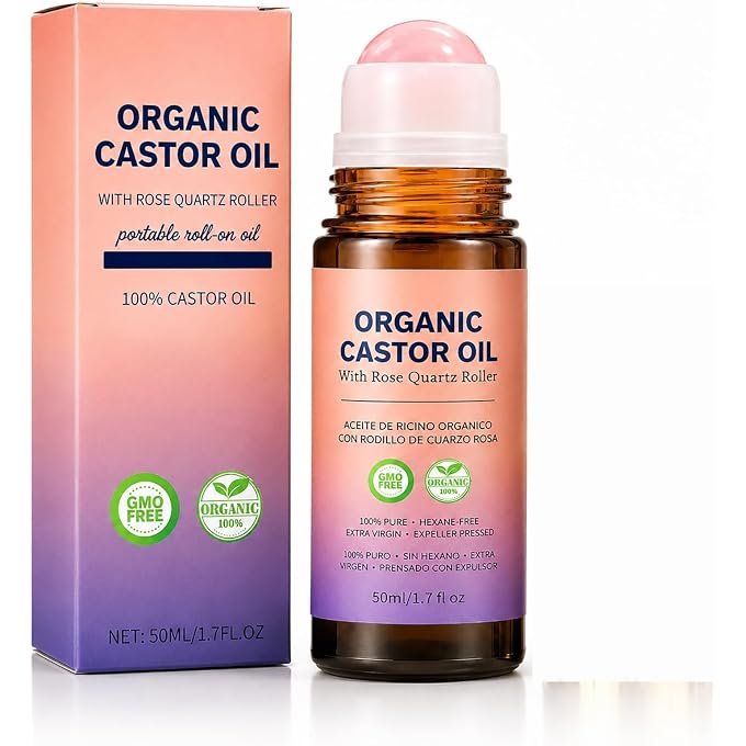 YOOJ Organic Castor Oil Rose Quartz Roller Ball, 100% Castor Oil Organic Cold Pressed for Face,Body, Hair and Eyebrows, Moisturizing and Soothing Benefits for Face and Body, For All Skin - Image 1