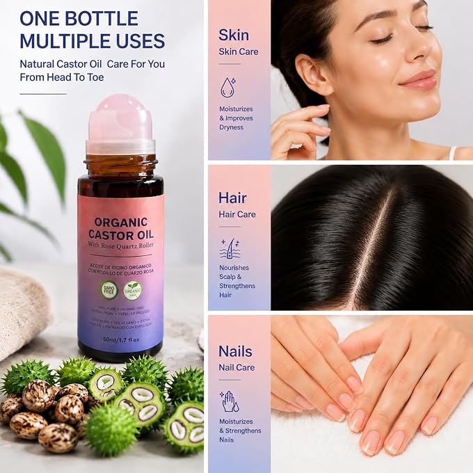 YOOJ Organic Castor Oil Rose Quartz Roller Ball, 100% Castor Oil Organic Cold Pressed for Face,Body, Hair and Eyebrows, Moisturizing and Soothing Benefits for Face and Body, For All Skin - Image 3