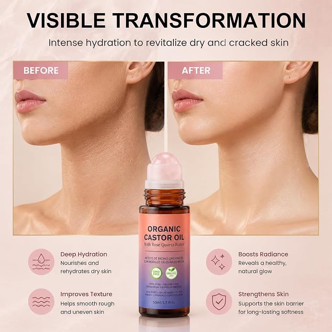 YOOJ Organic Castor Oil Rose Quartz Roller Ball, 100% Castor Oil Organic Cold Pressed for Face,Body, Hair and Eyebrows, Moisturizing and Soothing Benefits for Face and Body, For All Skin - Image 2