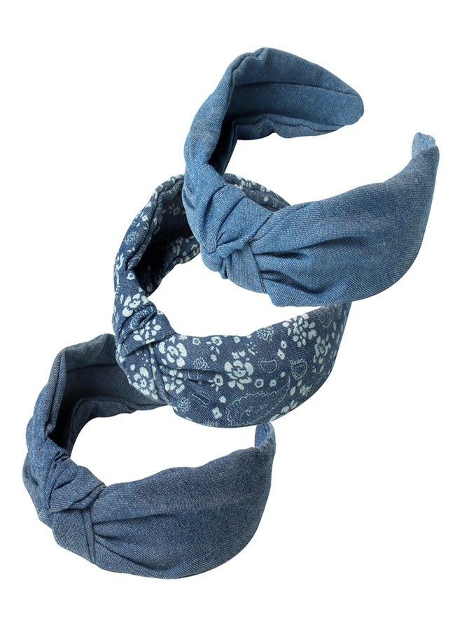 Cuizhiyu 3Pack Denim Knot Headband - Wide Non Slip Knot Headbands for Women, Girls - Blue Fabric Hair Accessories - Image 1