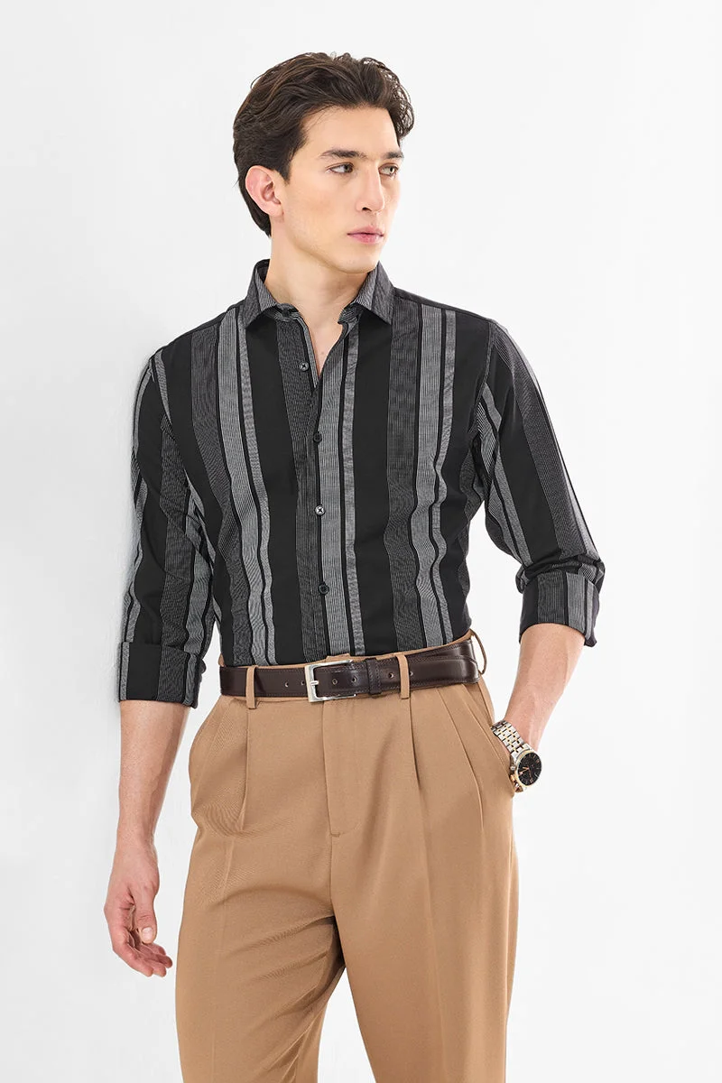SNITCH Black Striped Long Sleeve Slim Fit Formal Luxe Shirt