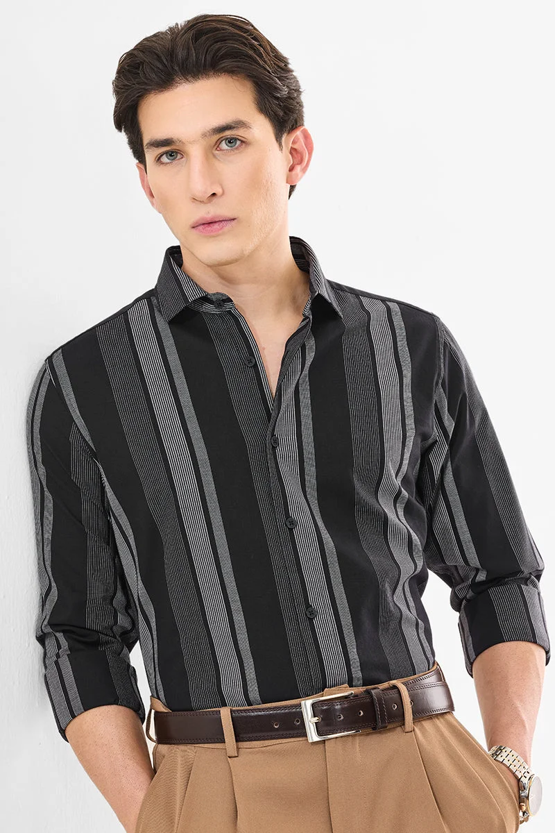 SNITCH Black Striped Long Sleeve Slim Fit Formal Luxe Shirt