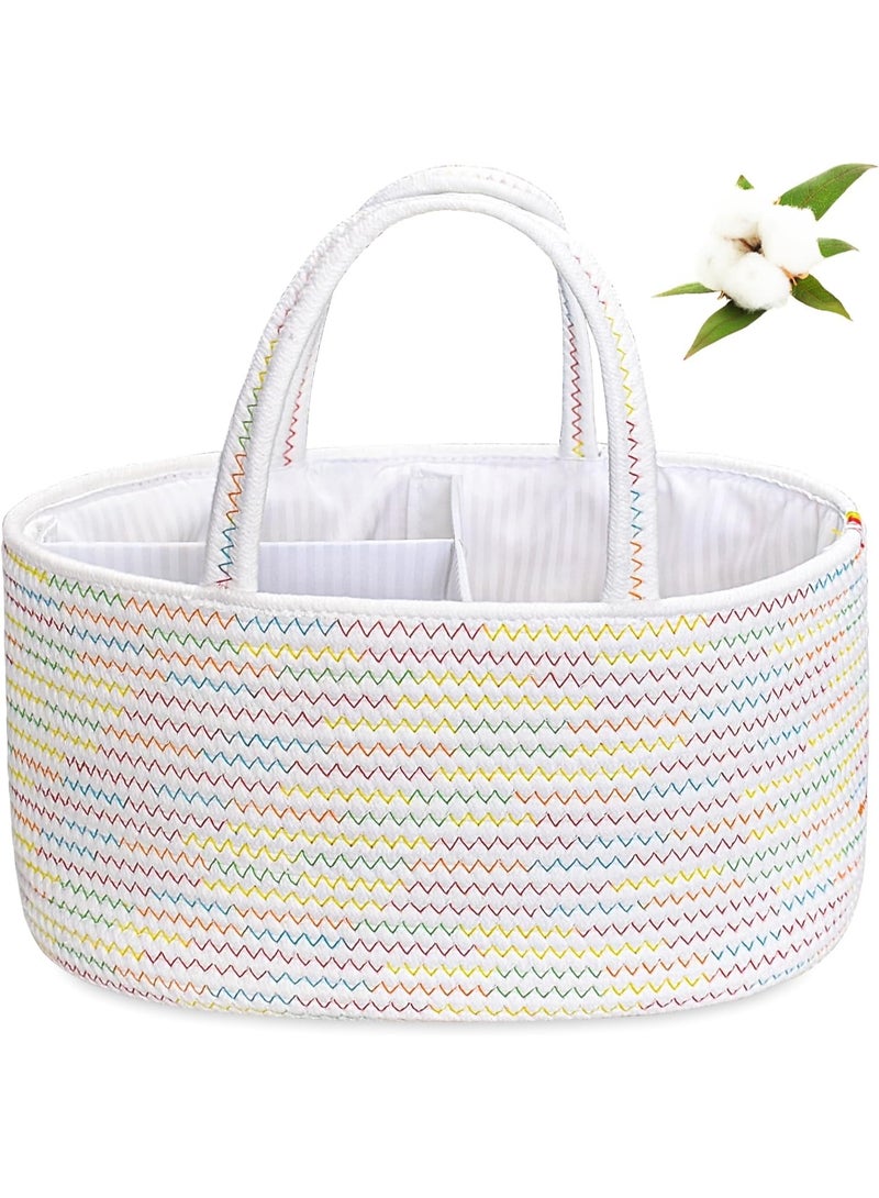 ABenkle ABenkle Diaper Caddy Organizer, Boho Rustic Cotton Rope Nursery Baby Basket, Changing Table Organizer for Baby Diaper Storage and Baby Shower White with Colordul Thread  - Image 1