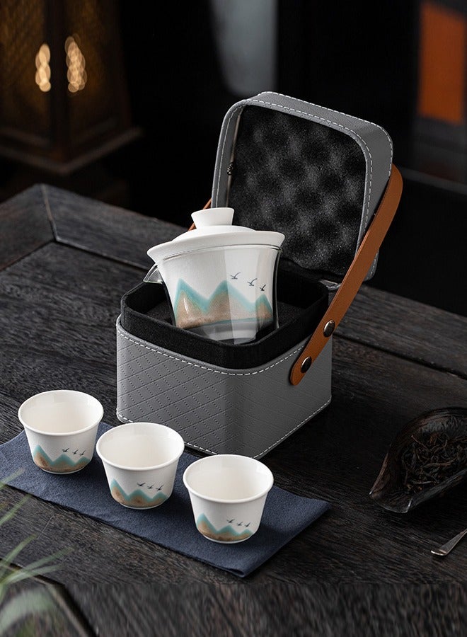 Al Aoyama Protable Travel Ceramic Tea Pot Sets with Gift Box  1 Tea Pot with 3 Tea Cups,Portable Travel Tea Set with Bag - Image 1