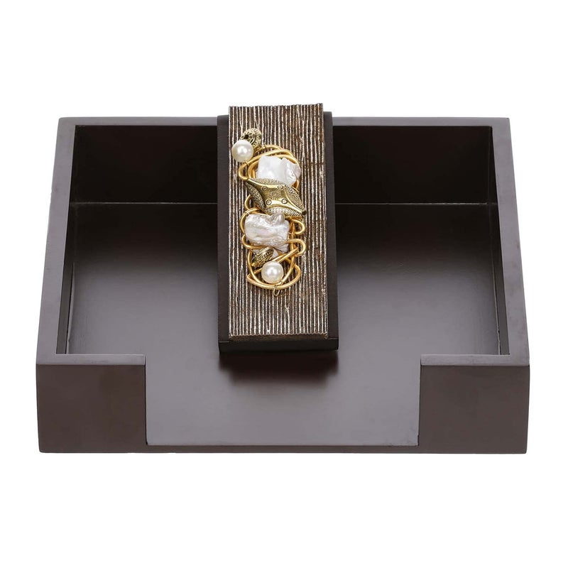 COCKTAIL Wooden MDF Flat Paper Napkin Holder for Dining Table Napkin Stand with Weighted Flap Tissue Paper Holder for Dining Table Stylish Brown Stripe - Image 1