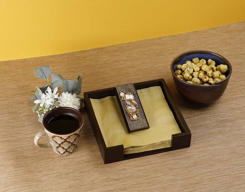 COCKTAIL Wooden MDF Flat Paper Napkin Holder for Dining Table Napkin Stand with Weighted Flap Tissue Paper Holder for Dining Table Stylish Brown Stripe - Image 5