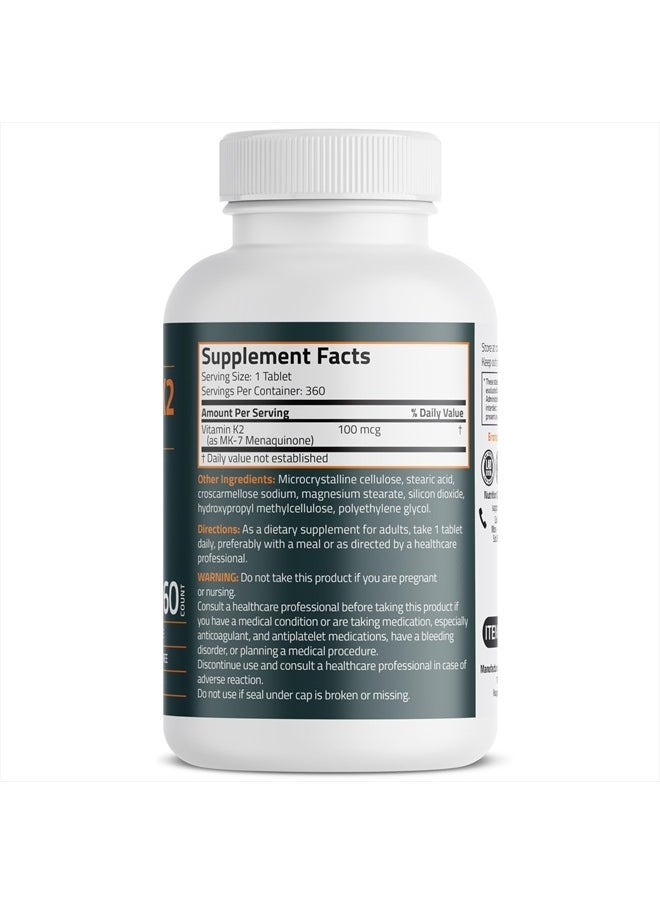 Bronson Vitamin K2 MK-7 100 MCG, K2 as MK7 Menaquinone, Bone Support 1 Year Supply, 360 Tablets  - Image 2