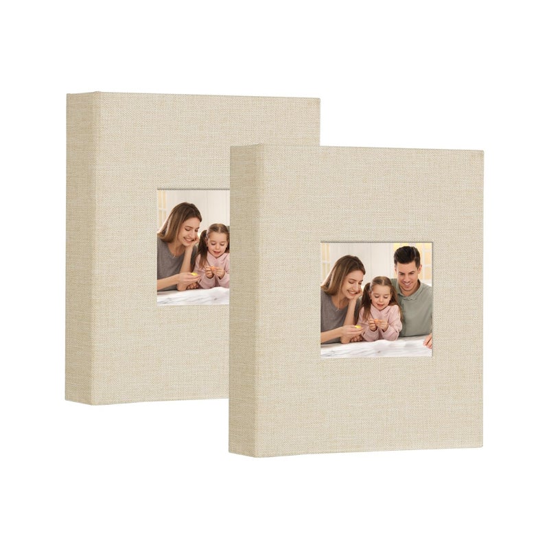 Artmag Mini Photo Album 4x6 50 Pockets 2 Pack  Linen Cover with Front Window Album Hold 100 Vertical Photos for Family Wedding Baby Children (Beige) - Image 1