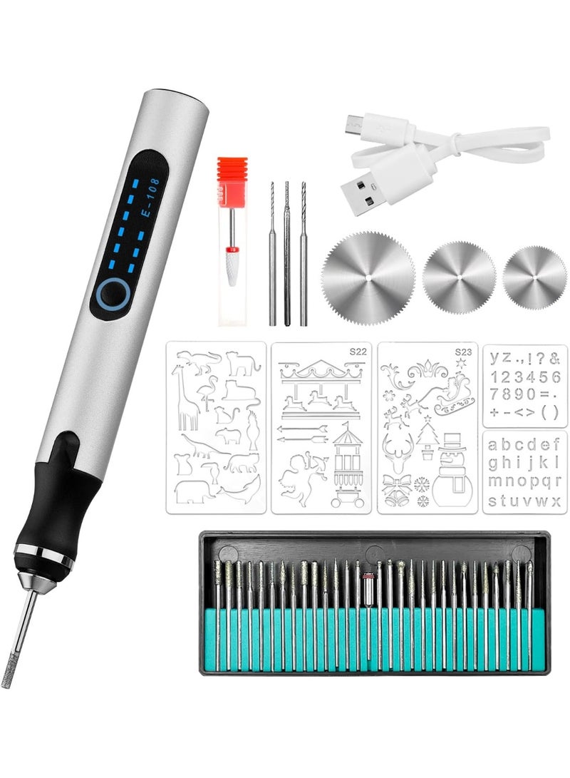 Engraving Tool Kit, Rechargeable Engraving Pen with 37 Bits & Stencils, Cordless Micro Engraver Etching Pen DIY Rotary Engraver Tool for Jewelry Glass Metal Ceramic Plastic Wood Stone Carving - Image 1