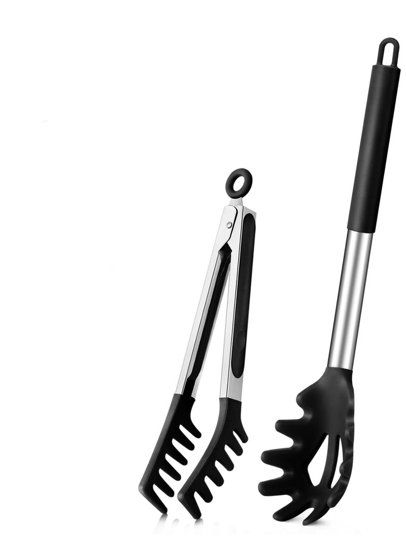 HOMESTAR Pasta Spoons And Pasta Tongs, Non-Stick Silicone Spoons And Forks, Pasta Tongs With Teeth And Stainless Steel Handles, Pasta Food Tongs, For Serving Spaghetti, Draining Noodles, Tossing Salad, As Bread Tongs & BBQ Tongs, Heat-Resistant Food-Grade Silicone, Black ,34*6 Cm - Image 1