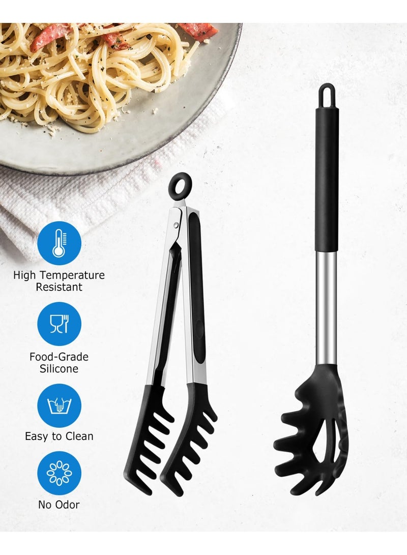 HOMESTAR Pasta Spoons And Pasta Tongs, Non-Stick Silicone Spoons And Forks, Pasta Tongs With Teeth And Stainless Steel Handles, Pasta Food Tongs, For Serving Spaghetti, Draining Noodles, Tossing Salad, As Bread Tongs & BBQ Tongs, Heat-Resistant Food-Grade Silicone, Black ,34*6 Cm - Image 3