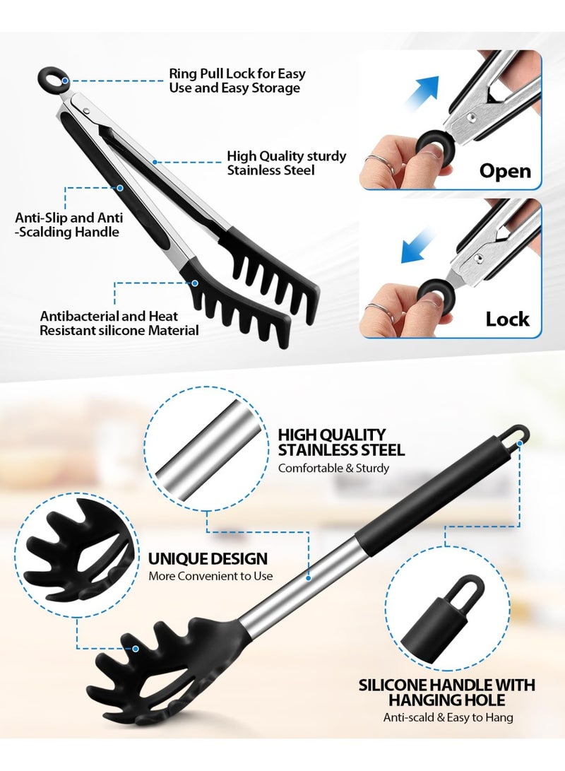 HOMESTAR Pasta Spoons And Pasta Tongs, Non-Stick Silicone Spoons And Forks, Pasta Tongs With Teeth And Stainless Steel Handles, Pasta Food Tongs, For Serving Spaghetti, Draining Noodles, Tossing Salad, As Bread Tongs & BBQ Tongs, Heat-Resistant Food-Grade Silicone, Black ,34*6 Cm - Image 2
