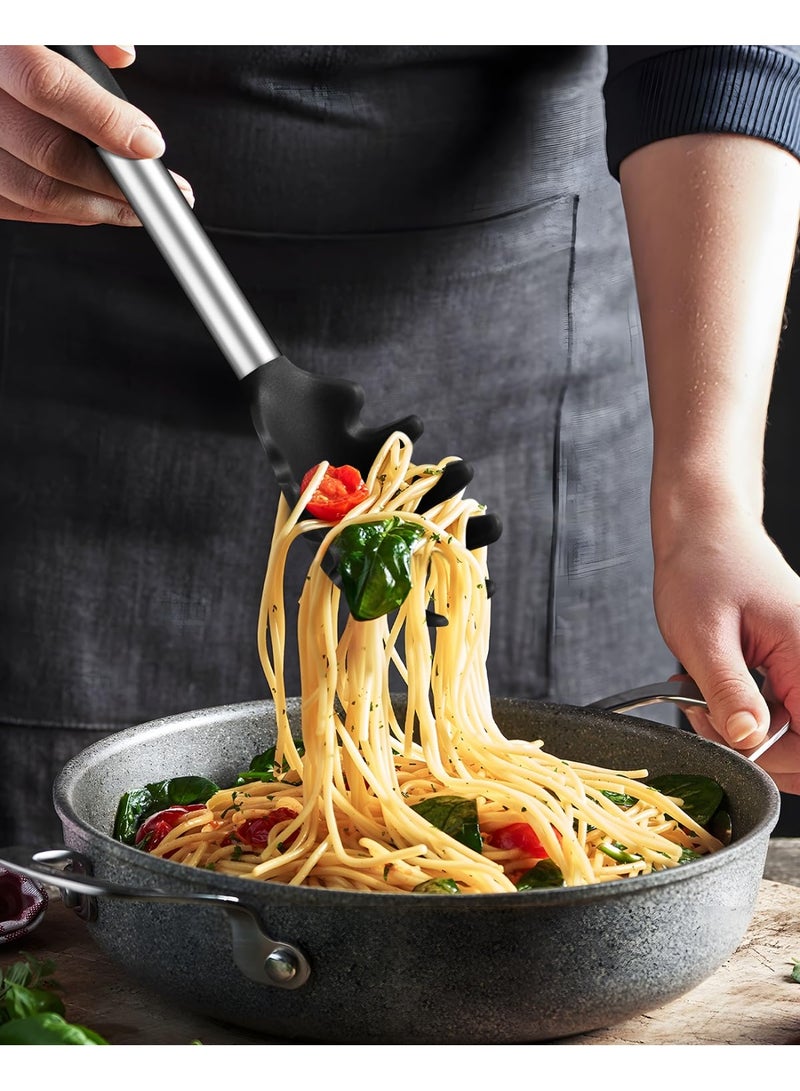 HOMESTAR Pasta Spoons And Pasta Tongs, Non-Stick Silicone Spoons And Forks, Pasta Tongs With Teeth And Stainless Steel Handles, Pasta Food Tongs, For Serving Spaghetti, Draining Noodles, Tossing Salad, As Bread Tongs & BBQ Tongs, Heat-Resistant Food-Grade Silicone, Black ,34*6 Cm - Image 5