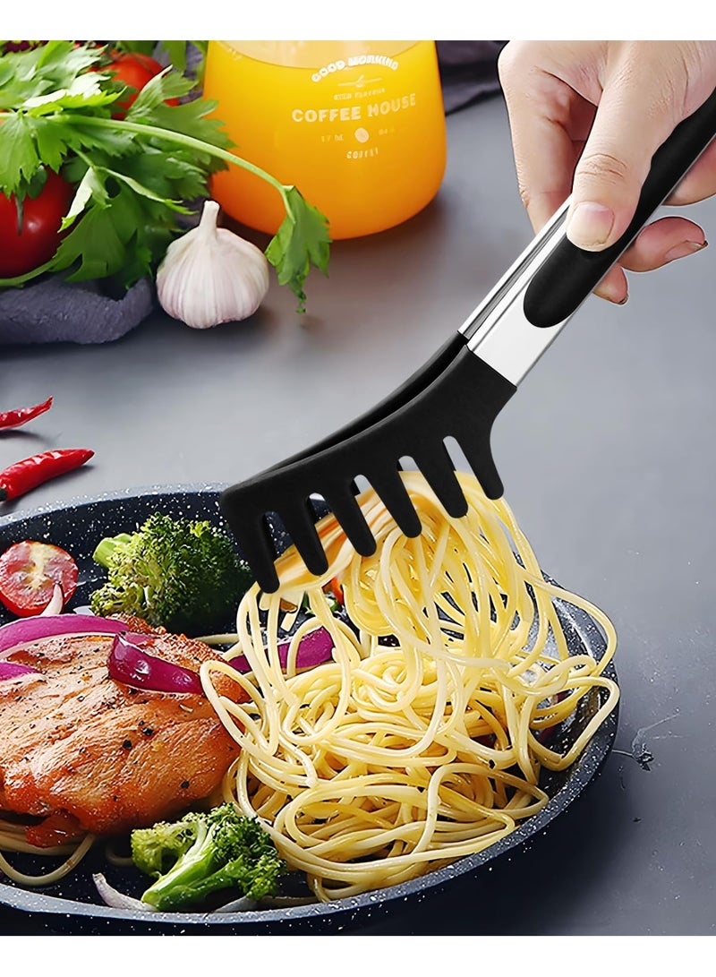 HOMESTAR Pasta Spoons And Pasta Tongs, Non-Stick Silicone Spoons And Forks, Pasta Tongs With Teeth And Stainless Steel Handles, Pasta Food Tongs, For Serving Spaghetti, Draining Noodles, Tossing Salad, As Bread Tongs & BBQ Tongs, Heat-Resistant Food-Grade Silicone, Black ,34*6 Cm - Image 4