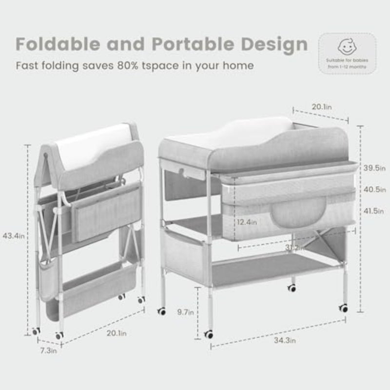 Portable Baby Changing Table, Foldable Diaper Changing Station with Waterproof Pad, Height Adjustable Mobile Nursery Organizer for Infant Newborn Essentials, Grey - Image 2