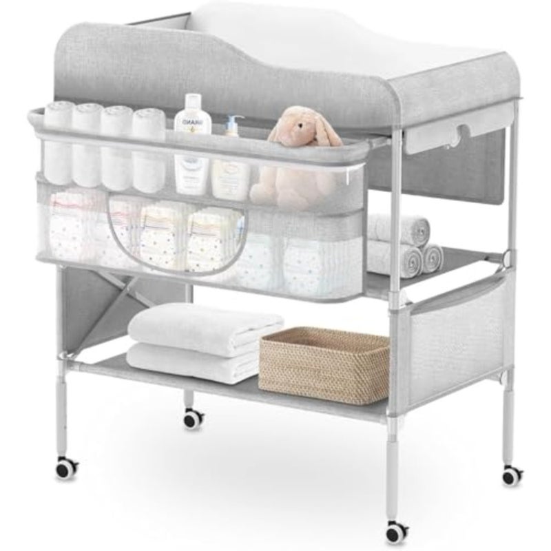 Portable Baby Changing Table, Foldable Diaper Changing Station with Waterproof Pad, Height Adjustable Mobile Nursery Organizer for Infant Newborn Essentials, Grey - Image 1