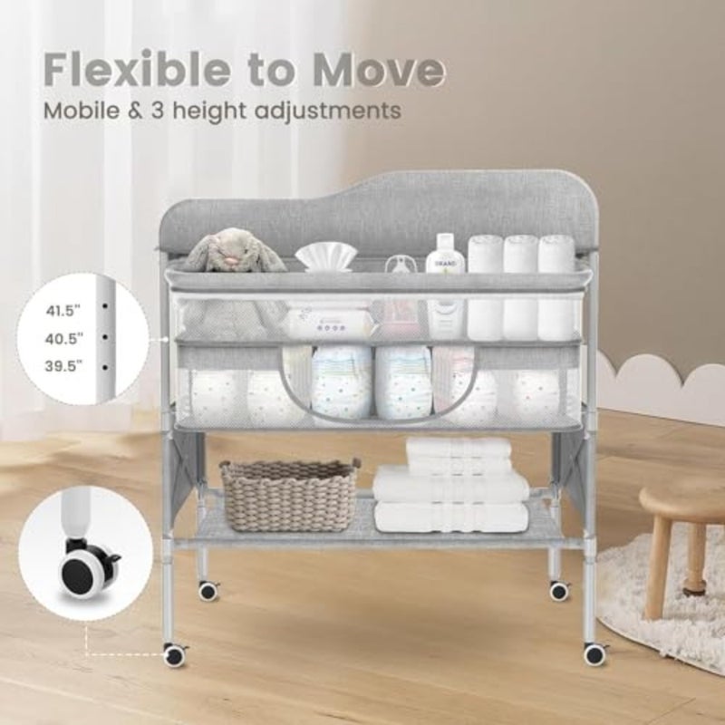 Portable Baby Changing Table, Foldable Diaper Changing Station with Waterproof Pad, Height Adjustable Mobile Nursery Organizer for Infant Newborn Essentials, Grey - Image 4