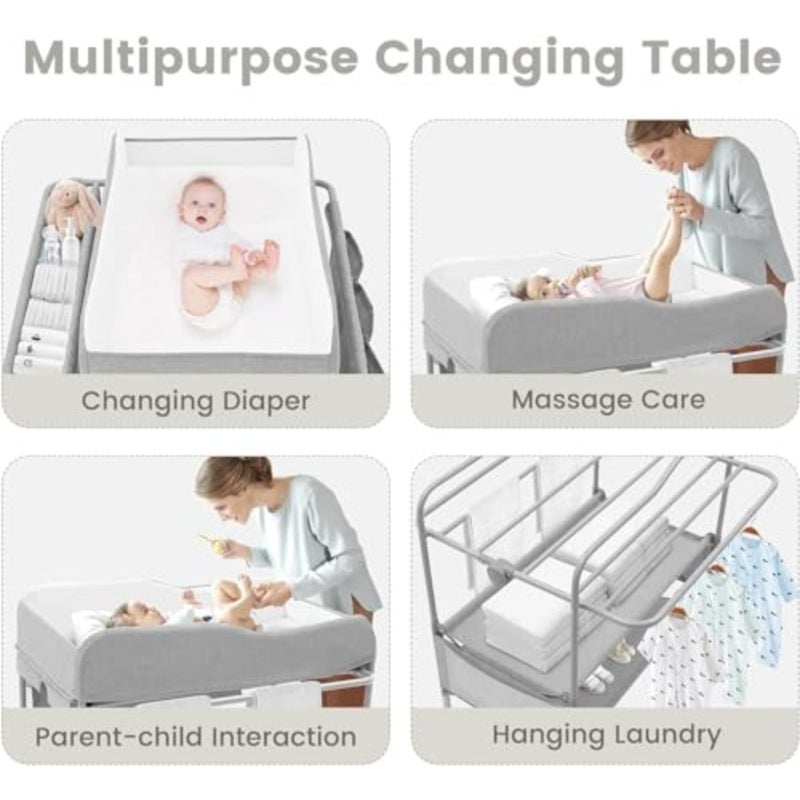 Portable Baby Changing Table, Foldable Diaper Changing Station with Waterproof Pad, Height Adjustable Mobile Nursery Organizer for Infant Newborn Essentials, Grey - Image 5