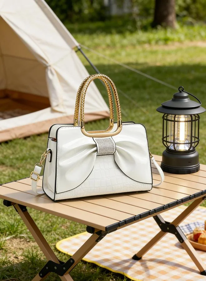 Take Two White Croc-Embossed Bow Handbag