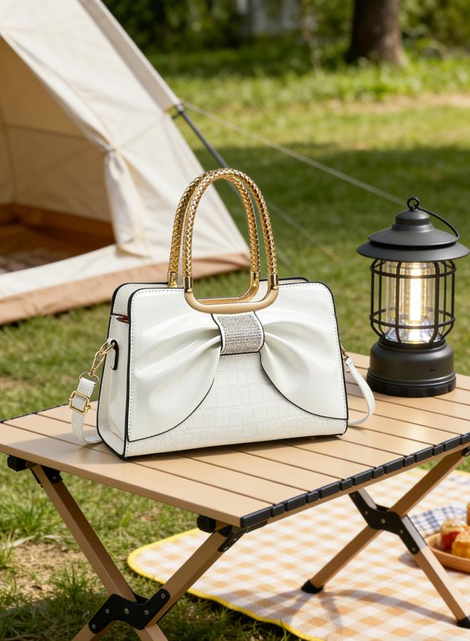 Take Two White Croc-Embossed Bow Handbag - Image 1
