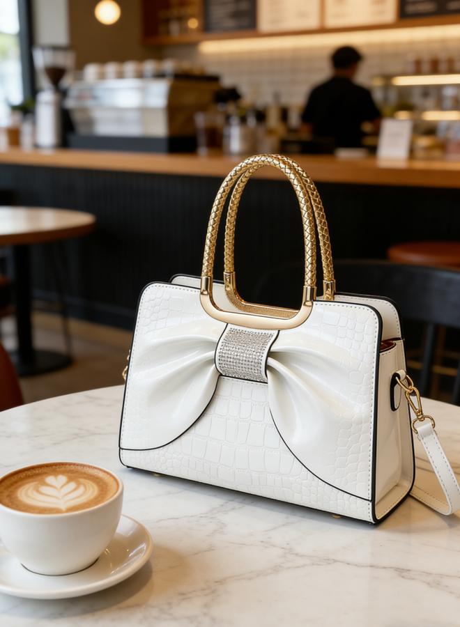 Take Two White Croc-Embossed Bow Handbag - Image 4
