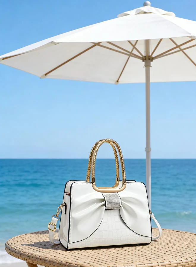 Take Two White Croc-Embossed Bow Handbag