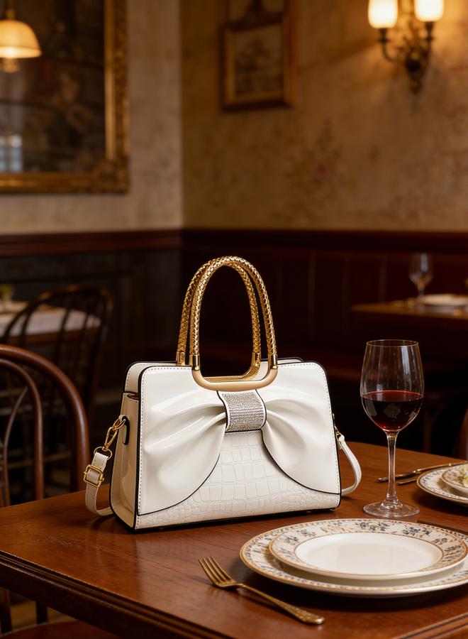 Take Two White Croc-Embossed Bow Handbag - Image 5