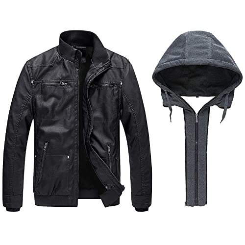 wantdo Men's Spring Motorcycle Leather Jacket with Hood Bombe Jacket Black Medium(Lightweight) - Image 2