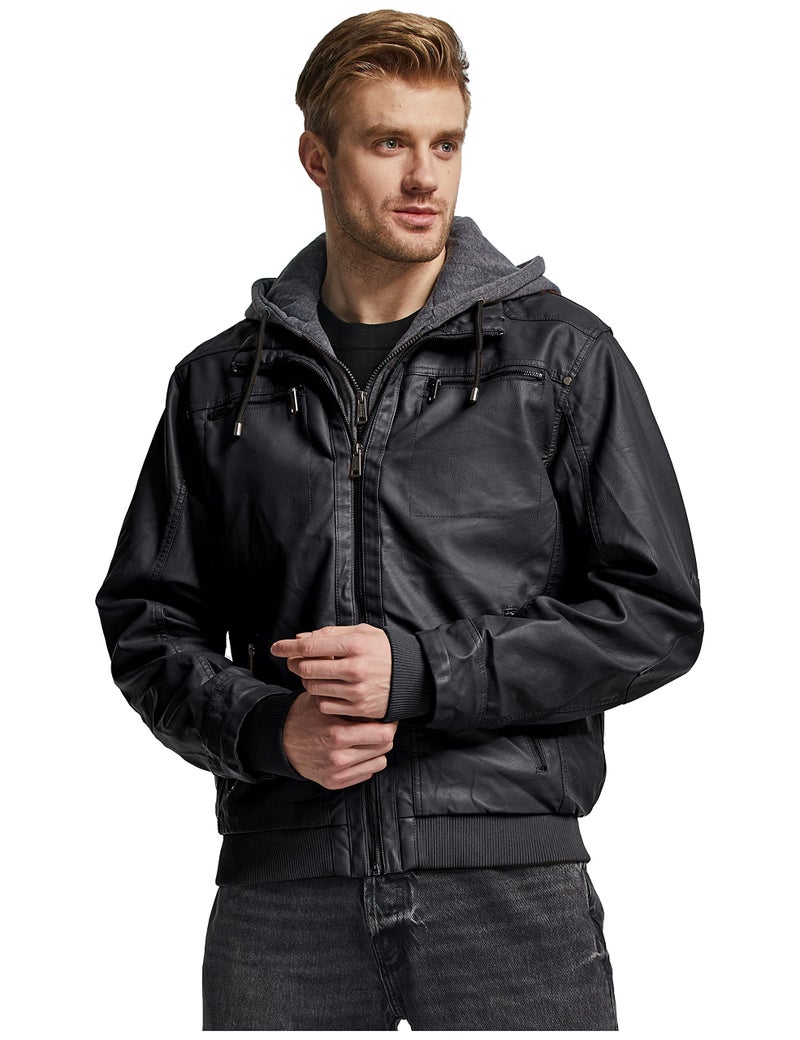 wantdo Men's Spring Motorcycle Leather Jacket with Hood Bombe Jacket Black Medium(Lightweight) - Image 4