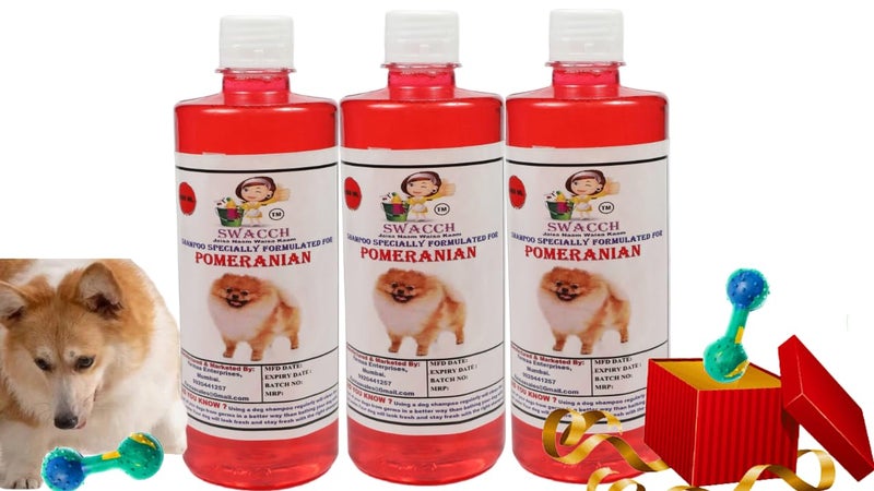 swacch Pomeranian Dog Shampoo + Dumbbell Toy I Durable Rubber Dog Toy for Chewing I Playing,Teeth Cleaning & Training Toy I Combo Pack I 500ml Pack of 3 Strawberry - Image 1